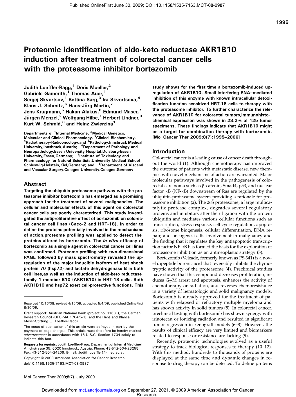 Proteomic Identification of Aldo-Keto Reductase AKR1B10 Induction After Treatment of Colorectal Cancer Cells with the Proteasome Inhibitor Bortezomib