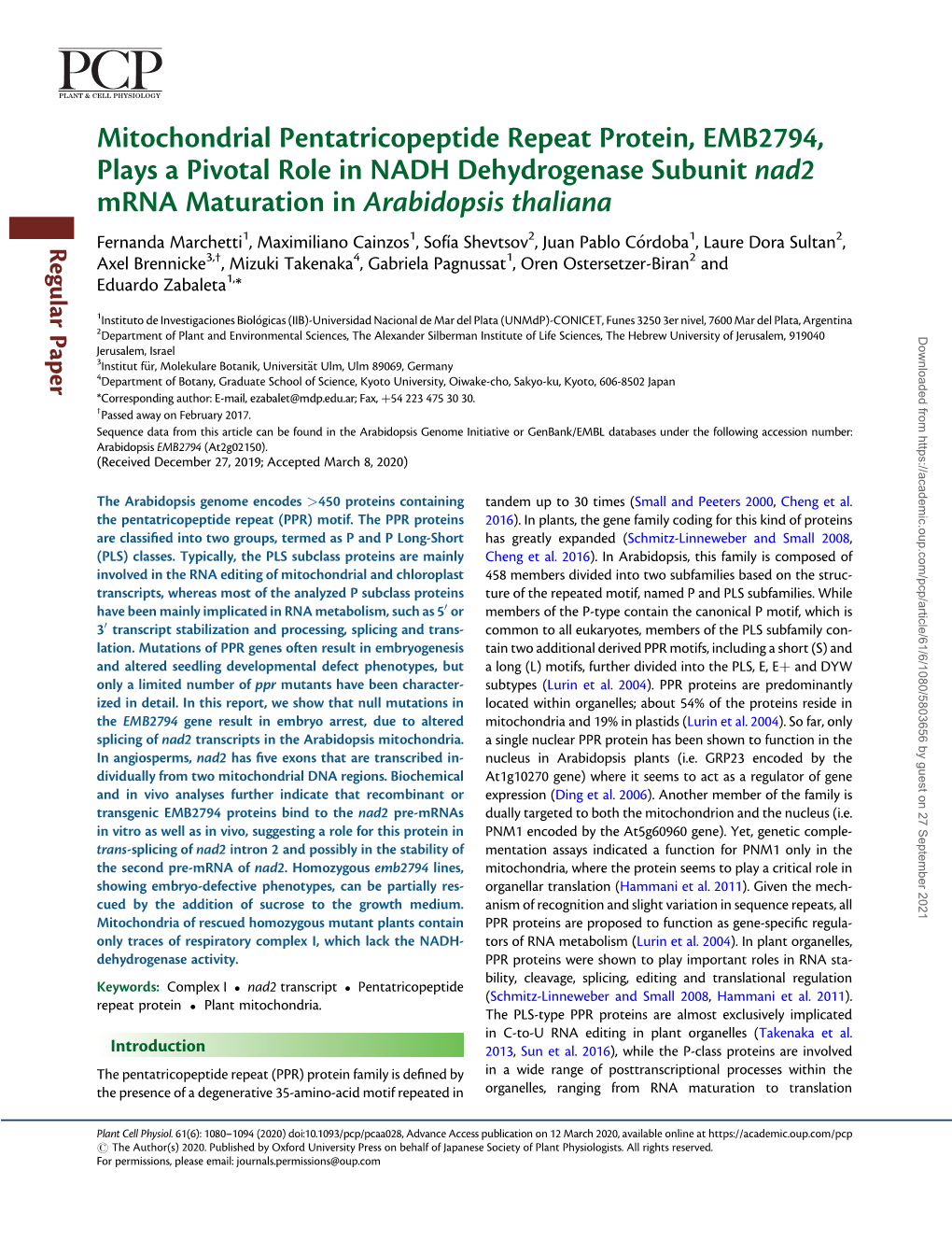 Mitochondrial Pentatricopeptide Repeat Protein, EMB2794, Plays A