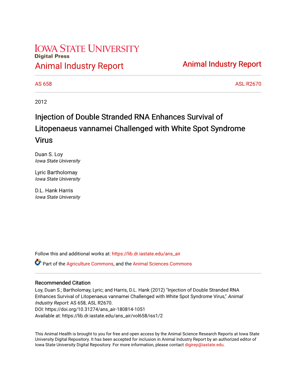 Injection of Double Stranded RNA Enhances Survival of Litopenaeus Vannamei Challenged with White Spot Syndrome Virus