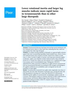 Lower Rotational Inertia and Larger Leg Muscles Indicate More Rapid Turns in Tyrannosaurids Than in Other Large Theropods