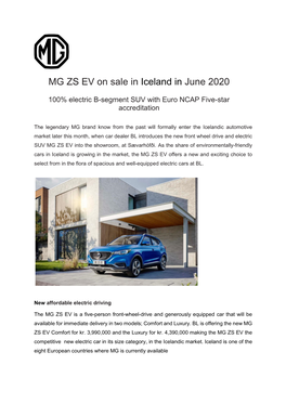 MG ZS EV on Sale in Iceland in June 2020