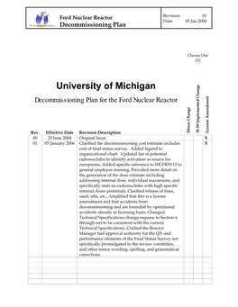 University of Michigan Decommissioning Plan for the Ford Nuclear Reactor