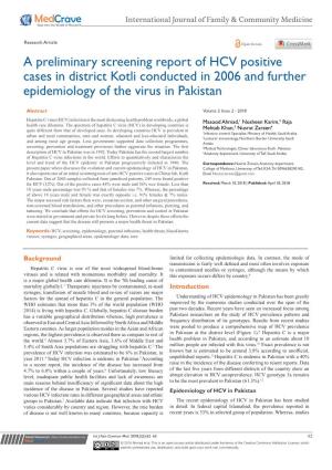 A Preliminary Screening Report of HCV Positive Cases in District Kotli Conducted in 2006 and Further Epidemiology of the Virus in Pakistan