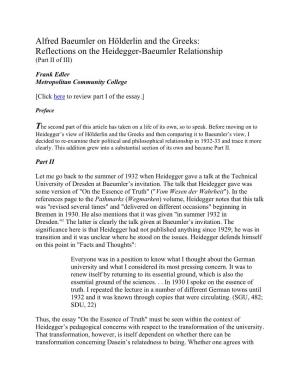 Alfred Baeumler on Hölderlin and the Greeks: Reflections on the Heidegger-Baeumler Relationship (Part II of III)
