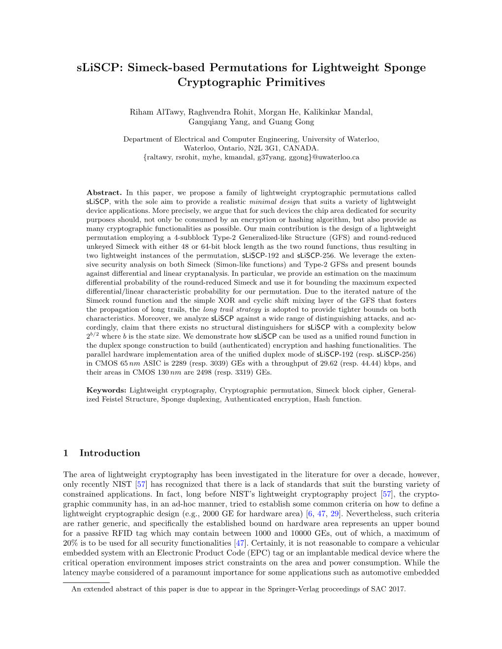 Sliscp: Simeck-Based Permutations for Lightweight Sponge Cryptographic Primitives