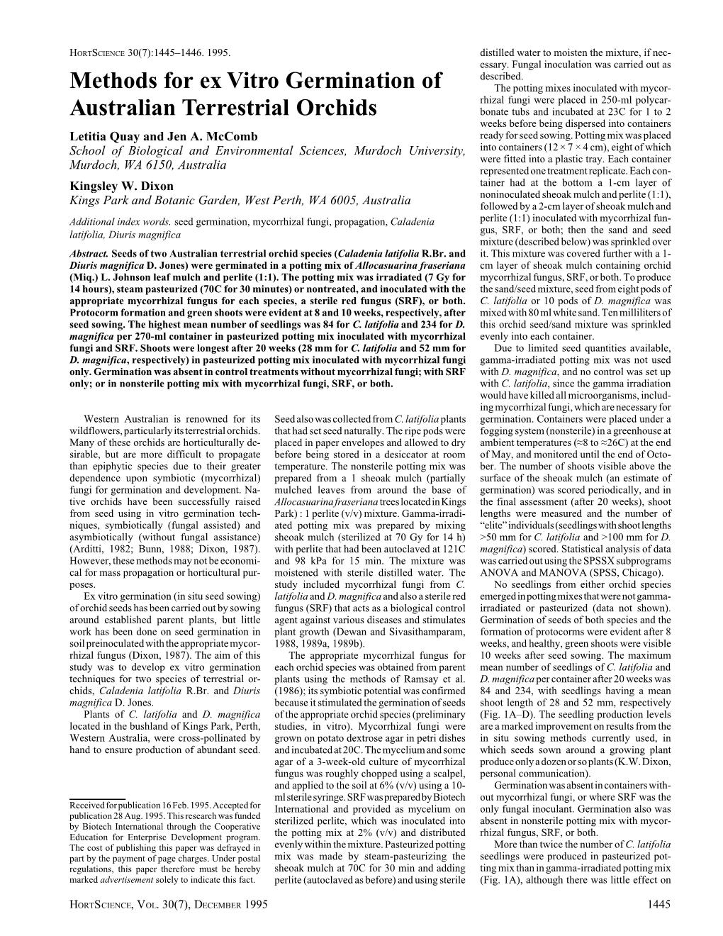 Methods for Ex Vitro Germination of Australian Terrestrial Orchids