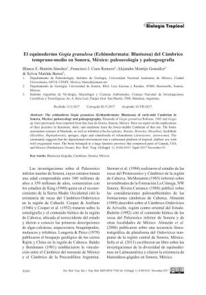 El Equinodermo Gogia Granulosa (Echinodermata: Blastozoa) Del Cámbrico Temprano-Medio En Sonora, México: Paleoecología Y Paleogeografía