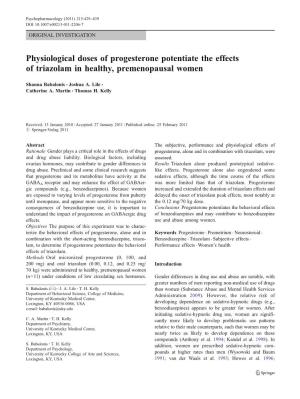 Physiological Doses of Progesterone Potentiate the Effects of Triazolam in Healthy, Premenopausal Women