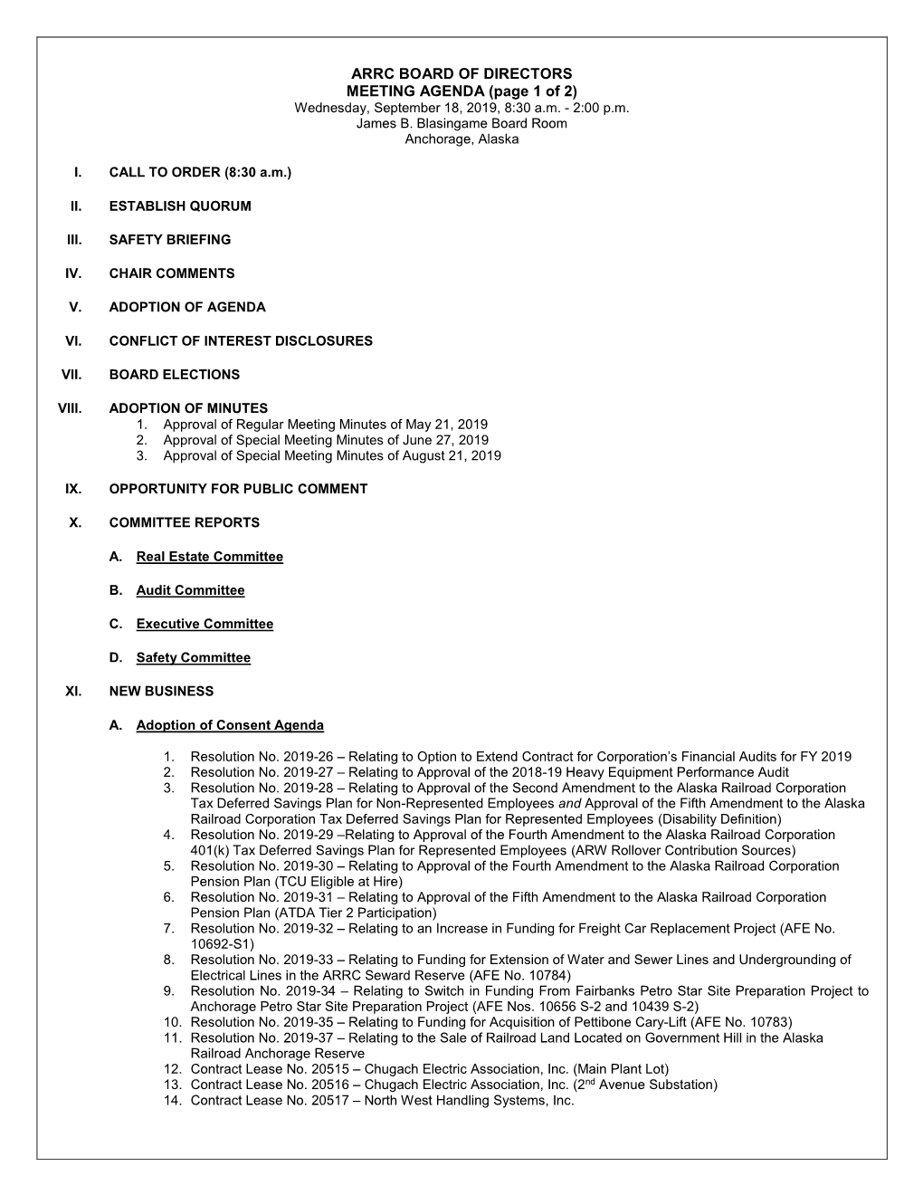 ARRC BOARD of DIRECTORS MEETING AGENDA (Page 1 of 2) Wednesday, September 18, 2019, 8:30 A.M