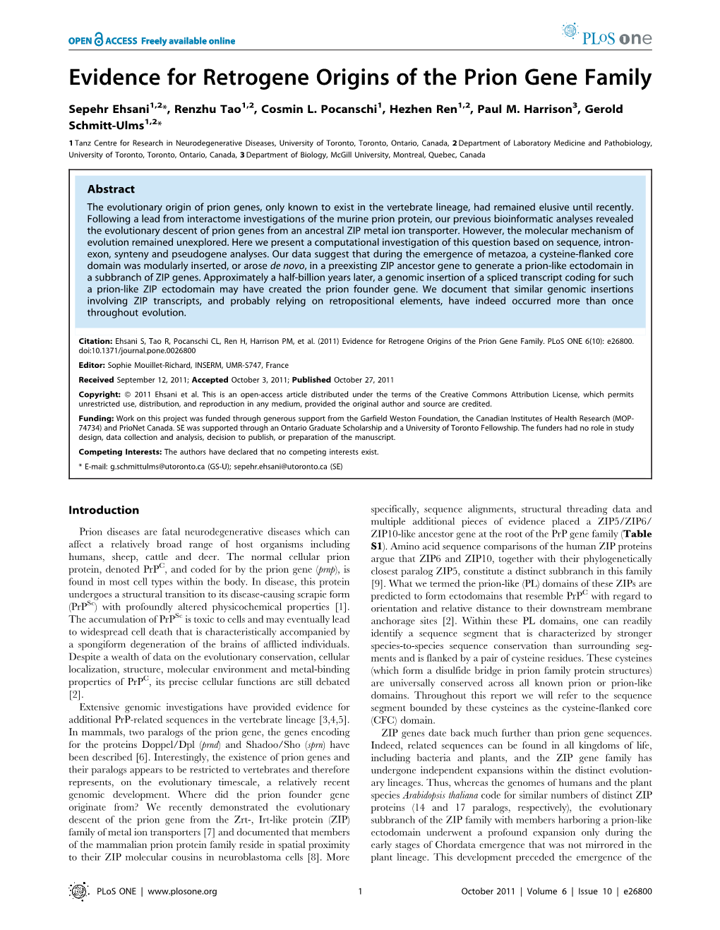 Evidence for Retrogene Origins of the Prion Gene Family