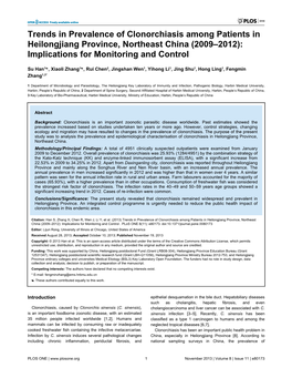 Trends in Prevalence of Clonorchiasis Among Patients in Heilongjiang Province, Northeast China (2009–2012): Implications for Monitoring and Control