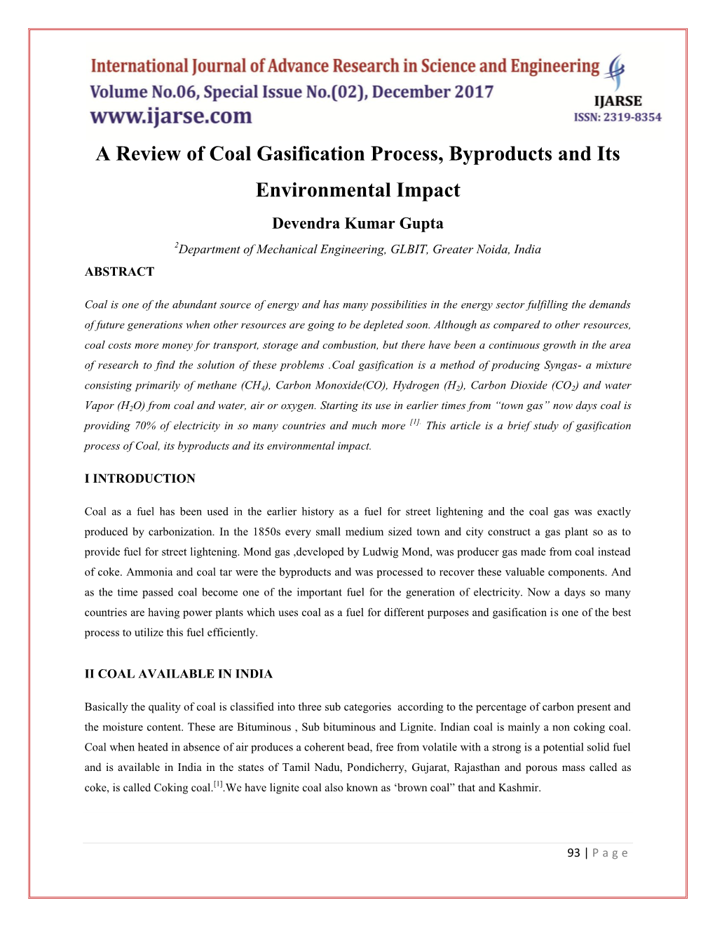 A Study of Coal Gasification, Byproducts and Its Environmental Impact