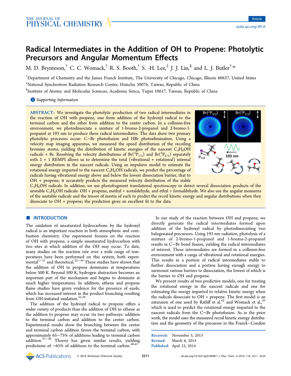 Radical Intermediates in the Addition of OH to Propene: Photolytic Precursors and Angular Momentum Eﬀects M