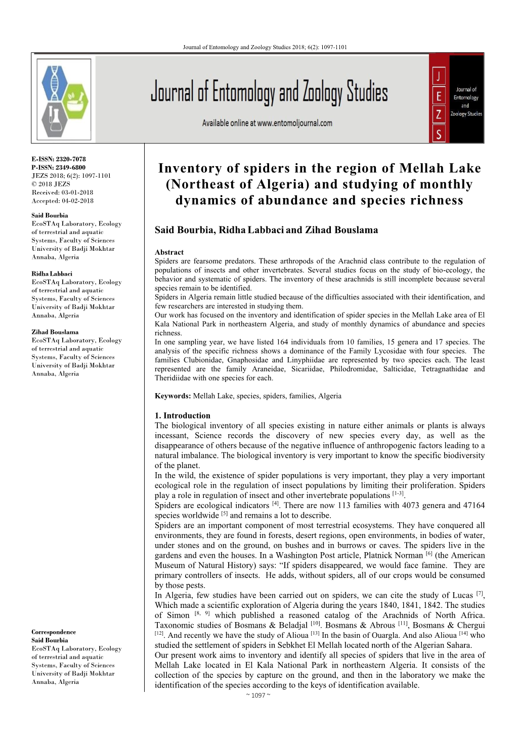 Inventory of Spiders in the Region of Mellah Lake