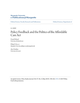 Policy Feedback and the Politics of the Affordable Care Act Daniel Beland University of Saskatchewan