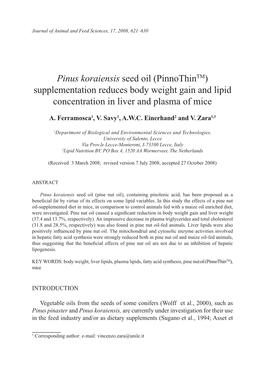 Pinus Koraiensis Seed Oil (Pinnothintm) Supplementation Reduces Body Weight Gain and Lipid Concentration in Liver and Plasma of Mice