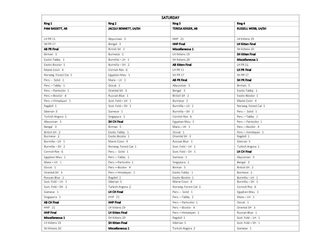 SATURDAY Ring 1 Ring 2 Ring 3 Ring 4 PAM BASSETT, AB JACQUI BENNETT, LH/SH TERESA KEIGER, AB RUSSELL WEBB, LH/SH