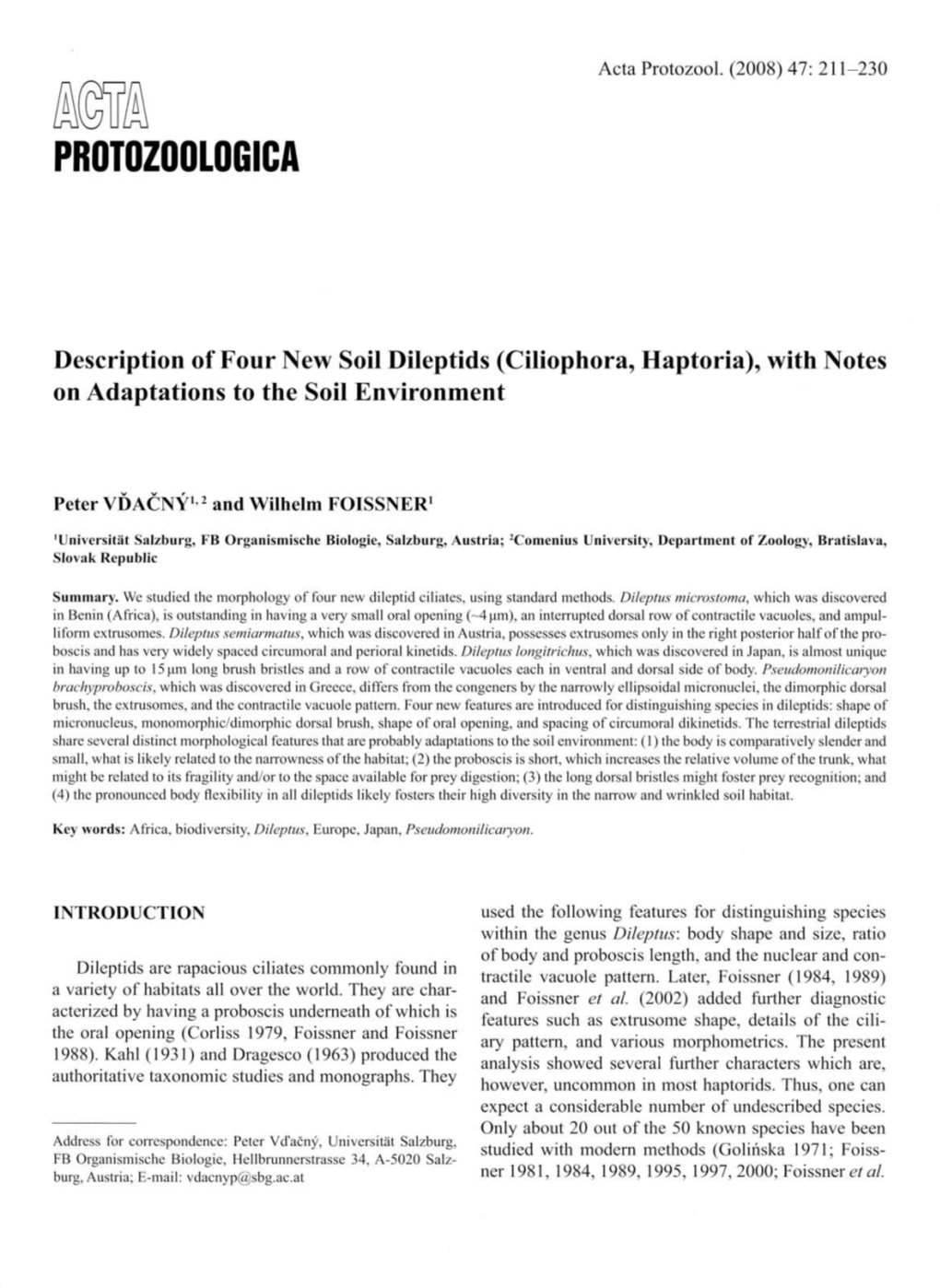 Description of Four New Soil Dileptids (Ciliophoru) Haptoria), with Notes on Adaptations to the Soil Environment