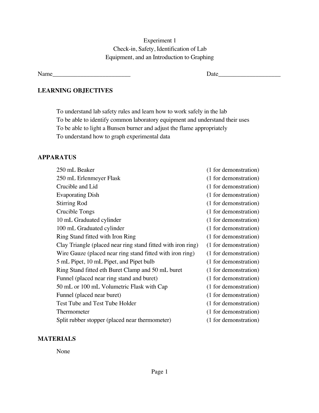 Experiment 1 Check-In, Safety, Identification of Lab Equipment, and an Introduction to Graphing