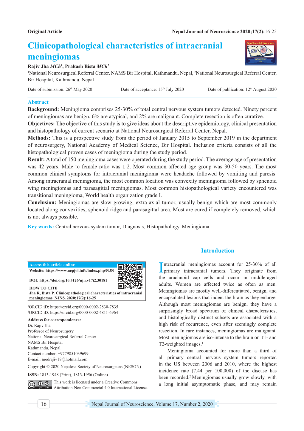 Clinicopathological Characteristics of Intracranial Meningiomas