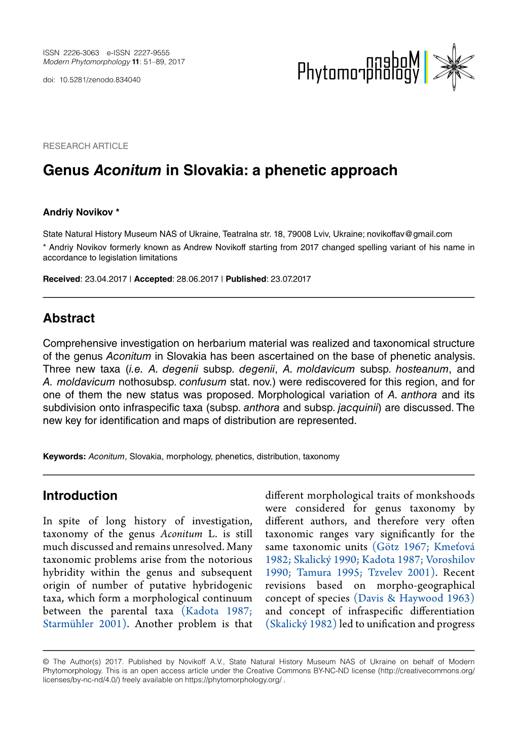 Genus Aconitum in Slovakia: a Phenetic Approach