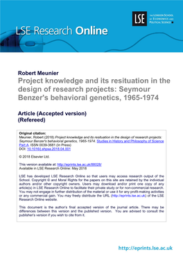 Project Knowledge and Its Resituation in the Design of Research Projects: Seymour Benzer's Behavioral Genetics, 1965-1974