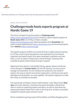 Challengermode Hosts Esports Program at Nordic Game 19
