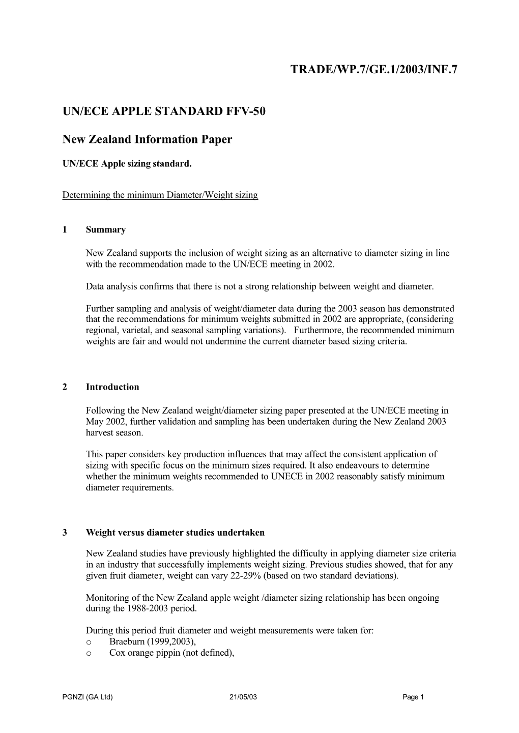 TRADE/WP.7/GE.1/2003/INF.7 UN/ECE APPLE STANDARD FFV-50 New Zealand Information Paper