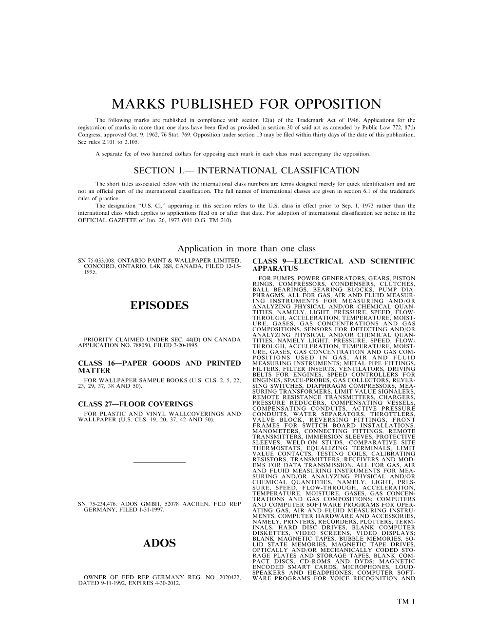 Marks Published for Opposition