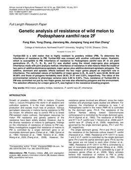 Genetic Analysis of Resistance of Wild Melon to Podosphaera Xanthii Race 2F