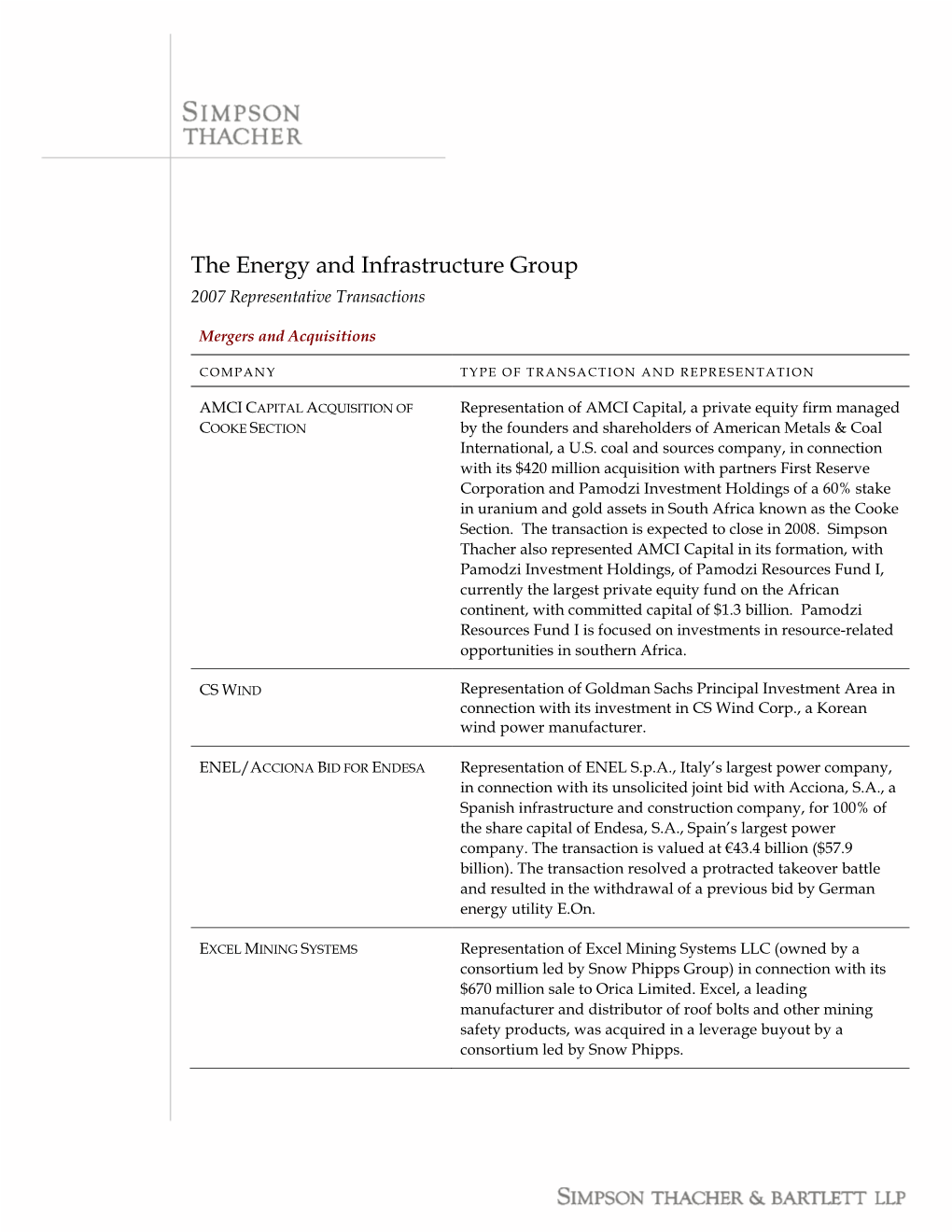 The Energy and Infrastructure Group 2007 Representative Transactions