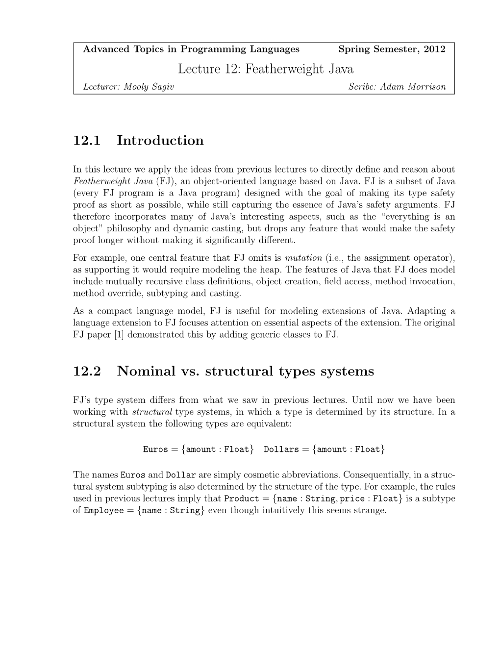 Featherweight Java 12.1 Introduction 12.2 Nominal Vs. Structural Types