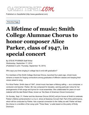 Smith College Alumnae Chorus to Honor Composer Alice Parker, Class of 1947, in Special Concert