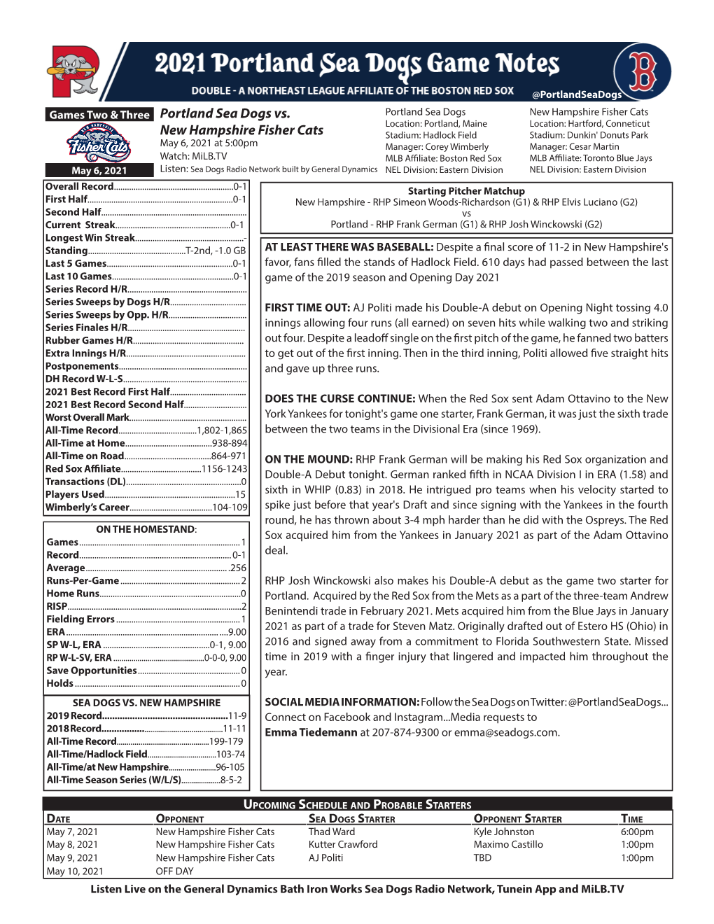 Game Notes Sea Dogs Staring Pitcher - #10 Frank German