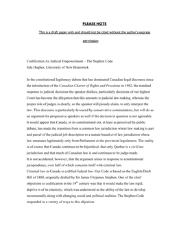 Codification As Judicial Empowerment – the Stephen Code Jula Hughes, University of New Brunswick