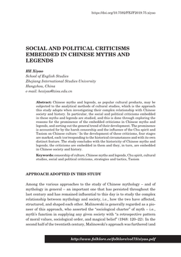 Social and Political Criticisms Embedded in Chinese Myths and Legends