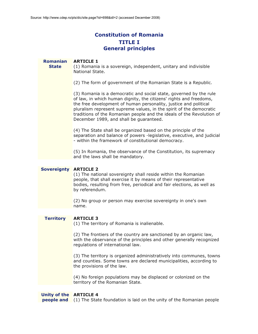 Constitution of Romania TITLE I General Principles