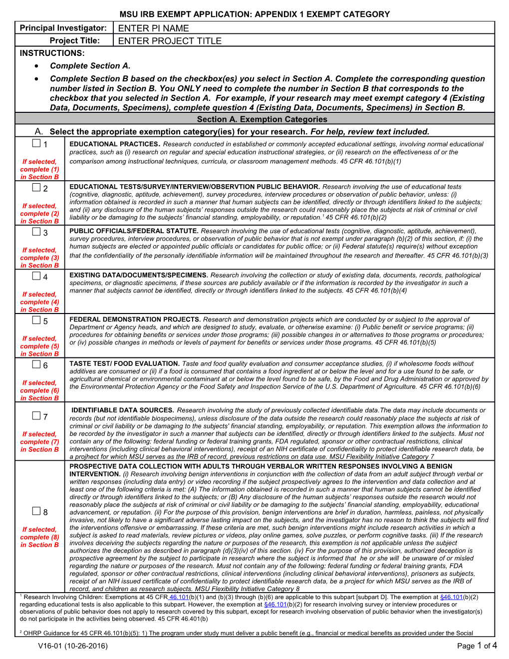 Msu Irb Exempt Application: Appendix 1 Exempt Category