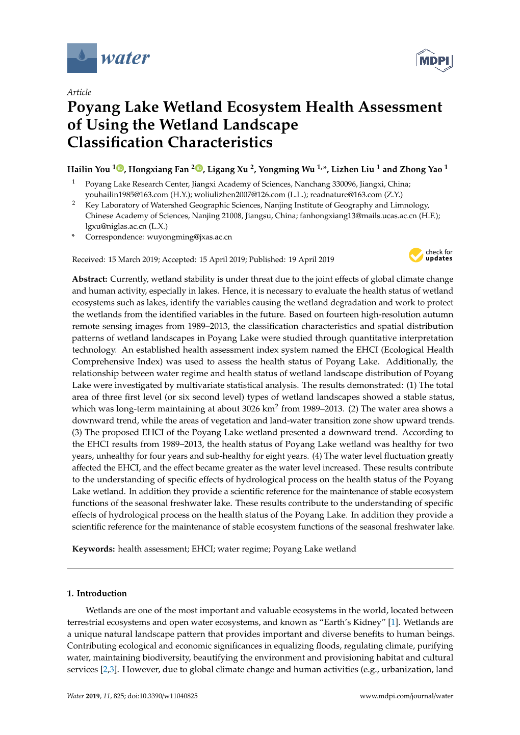 Poyang Lake Wetland Ecosystem Health Assessment of Using the Wetland Landscape Classiﬁcation Characteristics