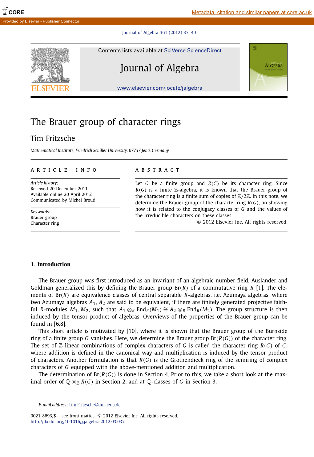 The Brauer Group of Character Rings