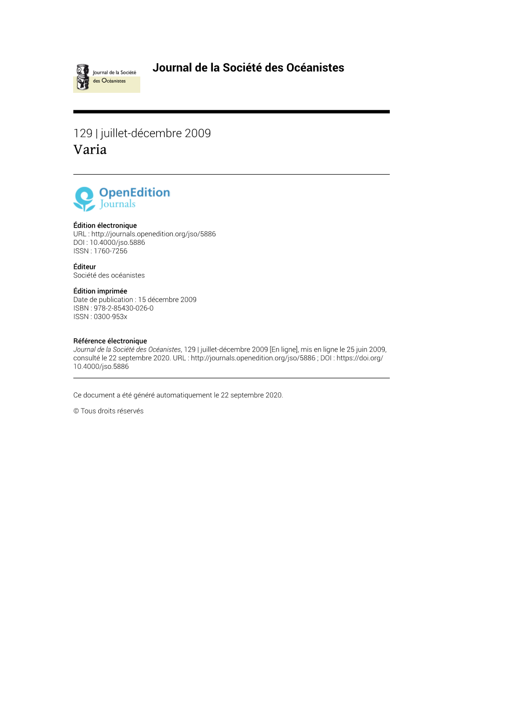 Journal De La Société Des Océanistes, 129 | Juillet-Décembre 2009 [En Ligne], Mis En Ligne Le 25 Juin 2009, Consulté Le 22 Septembre 2020