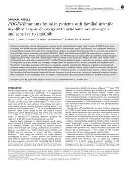 PDGFRB Mutants Found in Patients with Familial Infantile Myofibromatosis Or Overgrowth Syndrome Are Oncogenic and Sensitive to I