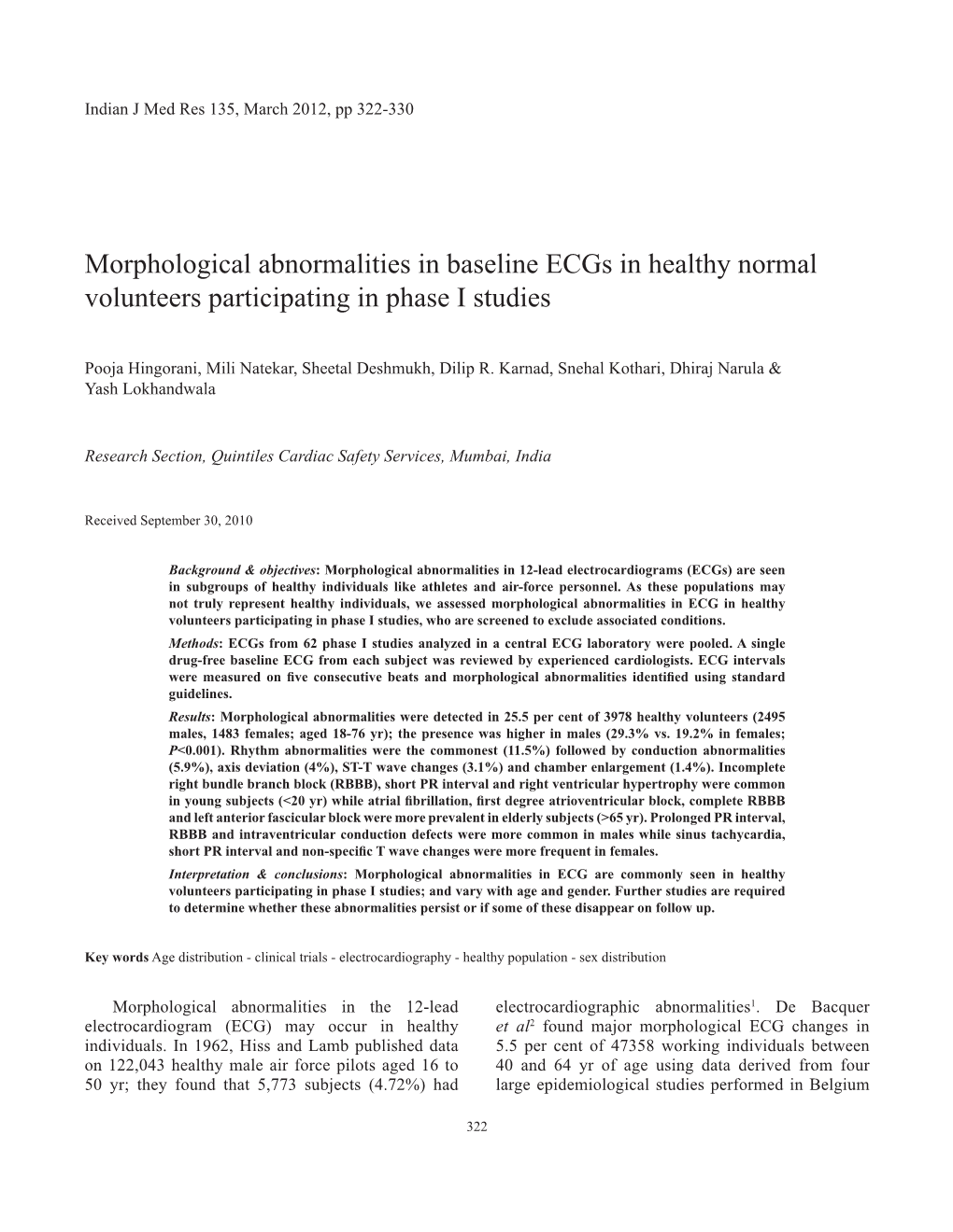 Morphological Abnormalities in Baseline Ecgs in Healthy Normal Volunteers Participating in Phase I Studies