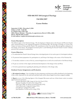 STD 440/SYT 110 Liturgical Theology Fall 2016/2017 Course Outline