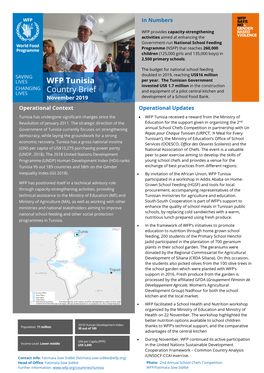 WFP Tunisia Country Brief UNAIDS - Unified Budget, Results and Accountability November 2019 Framework (UBRAF)