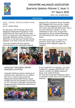 SINGAPORE MALAYALEE ASSOCIATION Quarterly Updates (Volume 2, Issue 1) 31St March 2020 Editor: Mrs