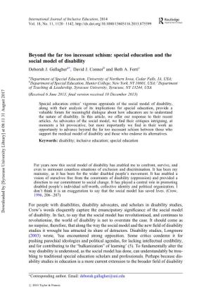Beyond the Far Too Incessant Schism: Special Education and the Social Model of Disability ∗ Deborah J