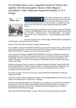 Two Pushkin Tales: a New, Completed Version of 'Dubrovsky'; Together with the Incomplete 'History of the Village of Goryukhino'; 1985; Aleksandr Sergeevich Pushkin, S