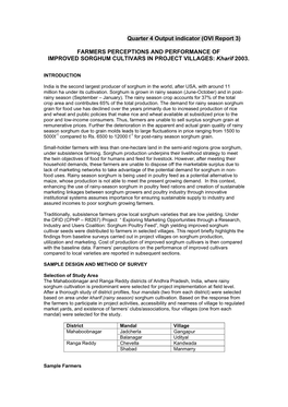 FARMERS PERCEPTIONS and PERFORMANCE of IMPROVED SORGHUM CULTIVARS in PROJECT VILLAGES: Kharif 2003