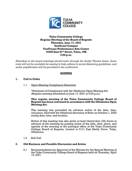 TCC Board of Regents Regular Meeting Agenda Jun 17 2021